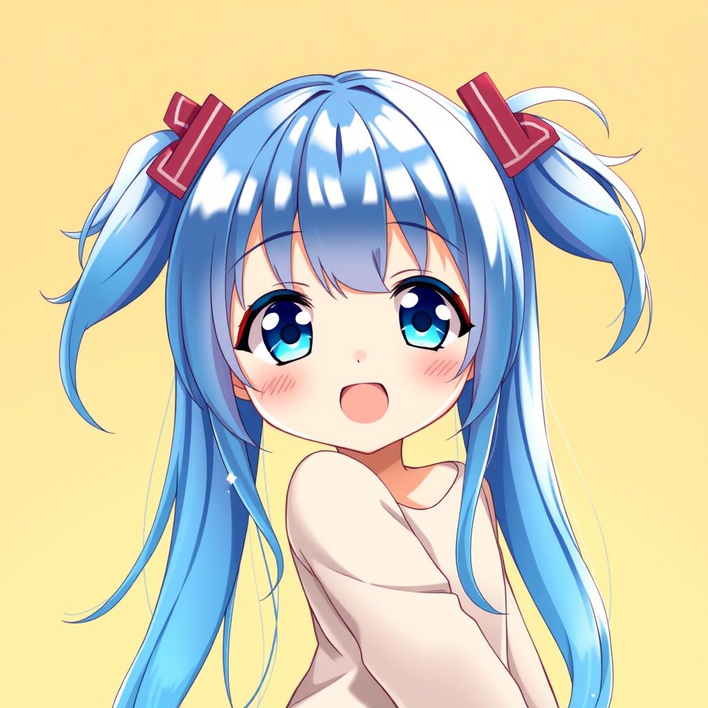 An adorable anime girl with long, flowing blue hair styled into pigtails on either side of her head