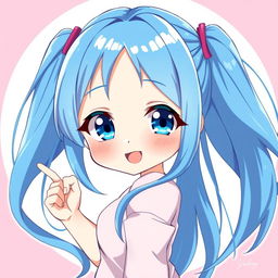 An adorable anime girl with long, flowing blue hair styled into pigtails on either side of her head