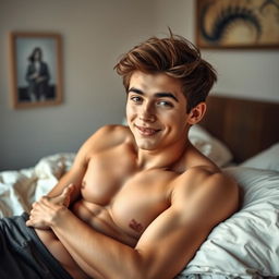 A young man with an athletic build, casually laying on a bed with a relaxed expression