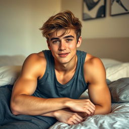 A young man with an athletic build, casually laying on a bed with a relaxed expression