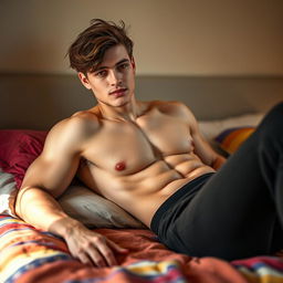 A young man with an athletic build, casually laying on a bed in a relaxed pose