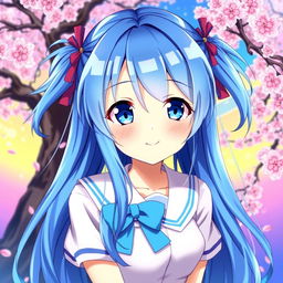 Anime girl with long blue hair styled in pigtails, featuring bright blue eyes, vibrant and colorful background, a cheerful expression, wearing a cute outfit, possibly a school uniform or casual attire, surrounded by a whimsical setting like cherry blossoms or a magical landscape