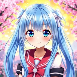 Anime girl with long blue hair styled in pigtails, featuring bright blue eyes, vibrant and colorful background, a cheerful expression, wearing a cute outfit, possibly a school uniform or casual attire, surrounded by a whimsical setting like cherry blossoms or a magical landscape