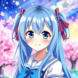 Anime girl with long blue hair styled in pigtails, featuring bright blue eyes, vibrant and colorful background, a cheerful expression, wearing a cute outfit, possibly a school uniform or casual attire, surrounded by a whimsical setting like cherry blossoms or a magical landscape