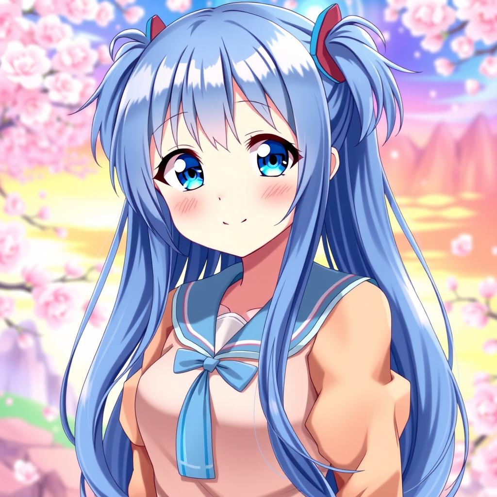 Anime girl with long blue hair styled in pigtails, featuring bright blue eyes, vibrant and colorful background, a cheerful expression, wearing a cute outfit, possibly a school uniform or casual attire, surrounded by a whimsical setting like cherry blossoms or a magical landscape