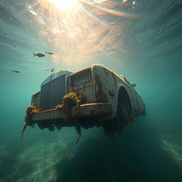 A wide-angle shot of an abandoned Rolls-Royce Phantom, its body rusted and overgrown with aquatic plants, resting at the bottom of a clear, shallow underwater lake