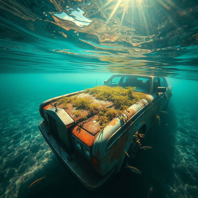 A wide-angle shot of an abandoned Rolls-Royce Phantom, its body rusted and overgrown with aquatic plants, resting at the bottom of a clear, shallow underwater lake