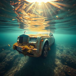 A wide-angle shot of an abandoned Rolls-Royce Phantom, its body rusted and overgrown with aquatic plants, resting at the bottom of a clear, shallow underwater lake