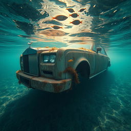 A wide-angle shot of an abandoned Rolls-Royce Phantom, its body rusted and overgrown with aquatic plants, resting at the bottom of a clear, shallow underwater lake