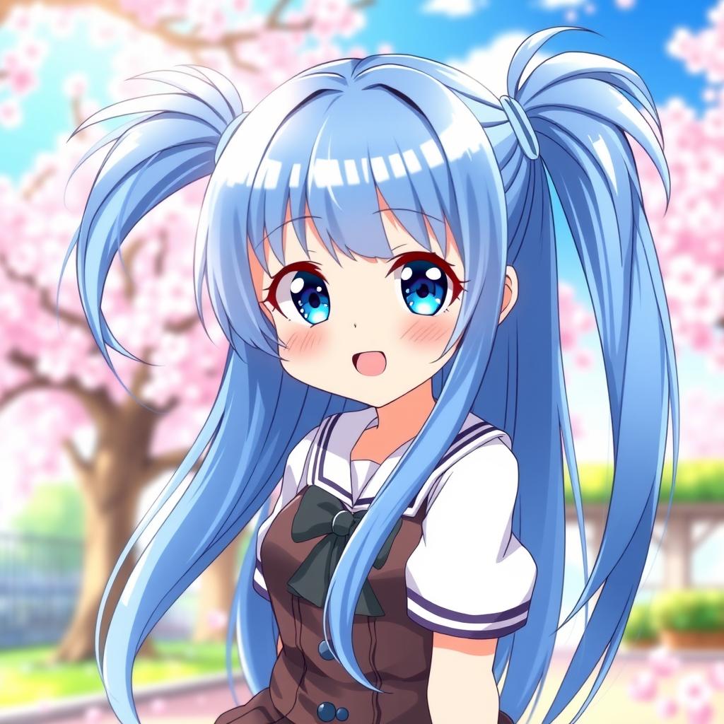 Anime girl with long blue hair styled in high pigtails on each side, featuring bright blue eyes, wearing a cute outfit, possibly a school uniform, standing in a playful pose, with a colorful and enchanting background, such as cherry blossoms or a sunny park scene, her expression cheerful and lively