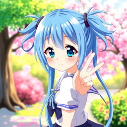 Anime girl with long blue hair styled in high pigtails on each side, featuring bright blue eyes, wearing a cute outfit, possibly a school uniform, standing in a playful pose, with a colorful and enchanting background, such as cherry blossoms or a sunny park scene, her expression cheerful and lively
