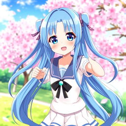 Anime girl with long blue hair styled in high pigtails on each side, featuring bright blue eyes, wearing a cute outfit, possibly a school uniform, standing in a playful pose, with a colorful and enchanting background, such as cherry blossoms or a sunny park scene, her expression cheerful and lively