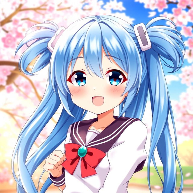 Anime girl with long blue hair styled in high pigtails on each side, featuring bright blue eyes, wearing a cute outfit, possibly a school uniform, standing in a playful pose, with a colorful and enchanting background, such as cherry blossoms or a sunny park scene, her expression cheerful and lively