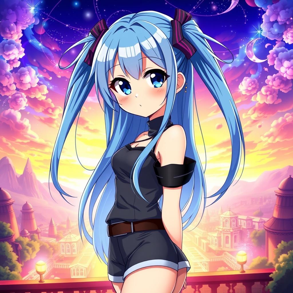 Anime girl with long blue hair styled in high pigtails on each side, featuring striking blue eyes, portrayed with prominent curves, wearing a stylish outfit that accentuates her figure, standing in a confident pose, surrounded by a vibrant and captivating background, such as a magical landscape or a bustling cityscape, her expression playful and alluring