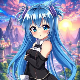 Anime girl with long blue hair styled in high pigtails on each side, featuring striking blue eyes, portrayed with prominent curves, wearing a stylish outfit that accentuates her figure, standing in a confident pose, surrounded by a vibrant and captivating background, such as a magical landscape or a bustling cityscape, her expression playful and alluring