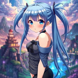 Anime girl with long blue hair styled in high pigtails on each side, featuring striking blue eyes, portrayed with prominent curves, wearing a stylish outfit that accentuates her figure, standing in a confident pose, surrounded by a vibrant and captivating background, such as a magical landscape or a bustling cityscape, her expression playful and alluring