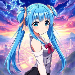 Anime girl with long blue hair styled in high pigtails on each side, featuring striking blue eyes, portrayed with prominent curves, wearing a stylish outfit that accentuates her figure, standing in a confident pose, surrounded by a vibrant and captivating background, such as a magical landscape or a bustling cityscape, her expression playful and alluring