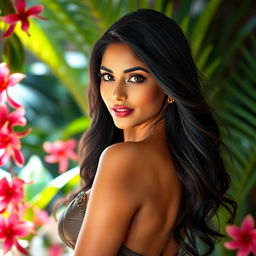 A stunningly gorgeous Indian woman with beautiful features, dressed in elegant attire that highlights her curves