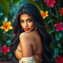 A stunningly gorgeous Indian woman with beautiful features, dressed in elegant attire that highlights her curves