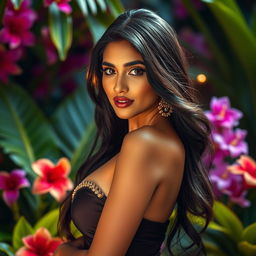 A stunningly gorgeous Indian woman with beautiful features, dressed in elegant attire that highlights her curves