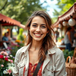 A captivating portrait of a 32-year-old woman named Sophie, radiating positivity and a zest for life