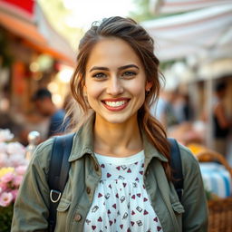 A captivating portrait of a 32-year-old woman named Sophie, radiating positivity and a zest for life