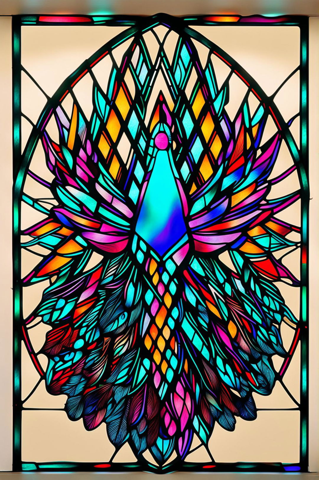 A high-quality digital art image of a modern, stained glass window design, featuring an abstract pattern that resembles a peacock