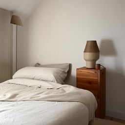 A small, cozy bedroom with minimalist design, containing a queen-sized bed with soft linens, a wooden chest of drawers and a bedside table with a reading lamp.