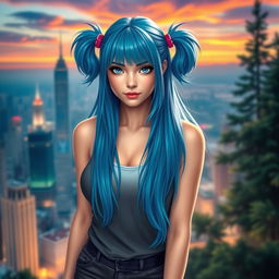 Young woman with long blue hair styled in high pigtails on each side, featuring striking blue eyes, portrayed with prominent curves, wearing a fashionable outfit that highlights her figure, standing confidently in a dynamic pose, set against a vibrant and captivating background such as a cityscape at sunset or a magical forest, her expression playful and inviting