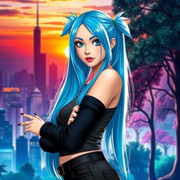 Young woman with long blue hair styled in high pigtails on each side, featuring striking blue eyes, portrayed with prominent curves, wearing a fashionable outfit that highlights her figure, standing confidently in a dynamic pose, set against a vibrant and captivating background such as a cityscape at sunset or a magical forest, her expression playful and inviting