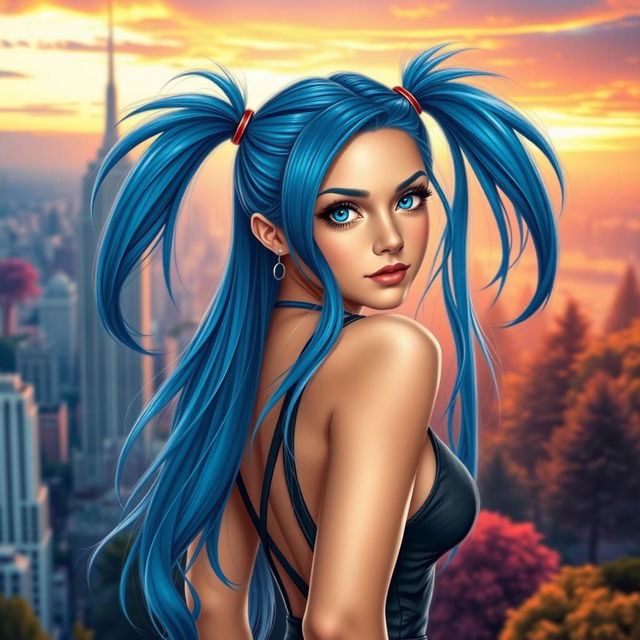 Young woman with long blue hair styled in high pigtails on each side, featuring striking blue eyes, portrayed with prominent curves, wearing a fashionable outfit that highlights her figure, standing confidently in a dynamic pose, set against a vibrant and captivating background such as a cityscape at sunset or a magical forest, her expression playful and inviting