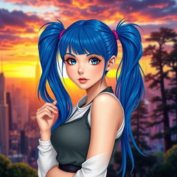 Young woman with long blue hair styled in high pigtails on each side, featuring striking blue eyes, portrayed with prominent curves, wearing a fashionable outfit that highlights her figure, standing confidently in a dynamic pose, set against a vibrant and captivating background such as a cityscape at sunset or a magical forest, her expression playful and inviting