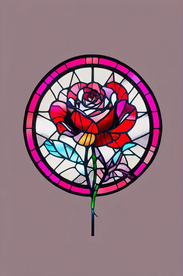 A high-quality digital art image of a minimalist, stained glass window design, featuring a simple geometric pattern that represents a rose