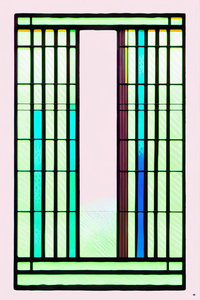 A high-quality digital art image of a minimalist, stained glass window design, set in an art museum, featuring a simple geometric pattern that represents a forest