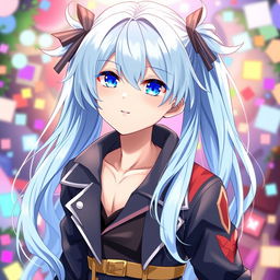 A young male character with long light blue hair styled in high side ponytails and striking blue eyes, depicted in an anime style