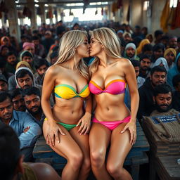 Two attractive female fitness blondes wearing strapless colorful bikinis that highlight their big breasts and cleavage