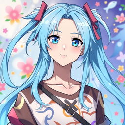 A young male character with long light blue hair styled in long high side ponytails and striking blue eyes, depicted in an anime style