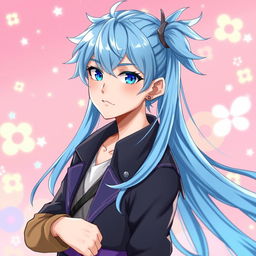 A young male character with long light blue hair styled in long high side ponytails and striking blue eyes, depicted in an anime style
