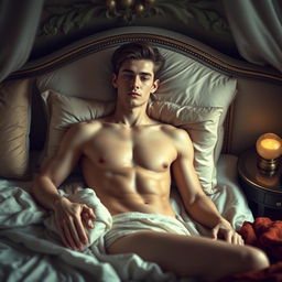An imaginative and dreamy scene featuring a handsome male figure resembling a model, lying naked on a luxurious bed