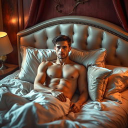 An imaginative and dreamy scene featuring a handsome male figure resembling a model, lying naked on a luxurious bed