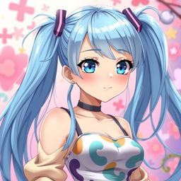 A young female character with long light blue hair styled in high side ponytails and striking blue eyes, depicted in an anime style