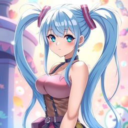 A young female character with long light blue hair styled in high side ponytails and striking blue eyes, depicted in an anime style