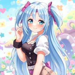 A young female character with long light blue hair styled in high side ponytails and striking blue eyes, depicted in an anime style