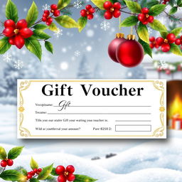 A beautifully designed Christmas gift card voucher template featuring festive elements such as snowflakes, holly leaves, and Christmas ornaments