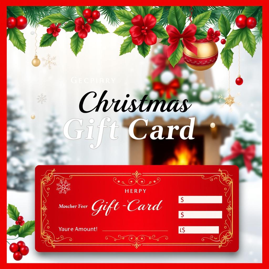 A beautifully designed Christmas gift card voucher template featuring festive elements such as snowflakes, holly leaves, and Christmas ornaments