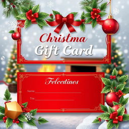 A beautifully designed Christmas gift card voucher template featuring festive elements such as snowflakes, holly leaves, and Christmas ornaments