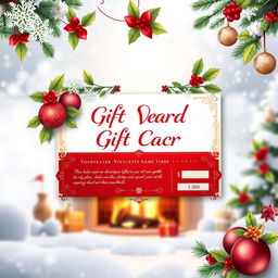 A beautifully designed Christmas gift card voucher template featuring festive elements such as snowflakes, holly leaves, and Christmas ornaments