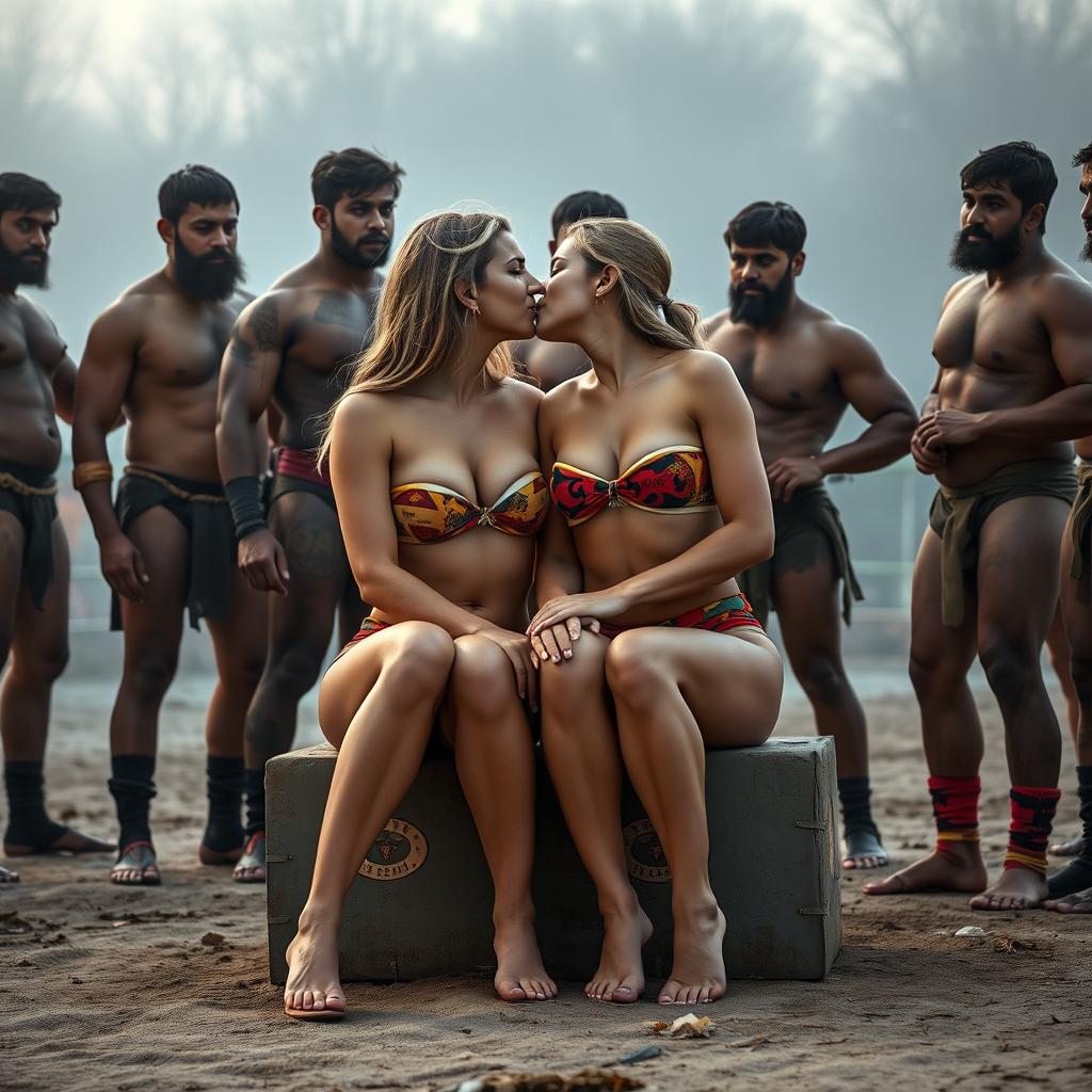 Two attractive fitness-blonde women, wearing a strapless, colorful bikini that accentuates their big breasts and cleavage, are sitting and kissing intimately while surrounded by a group of muscular Indian male wrestlers