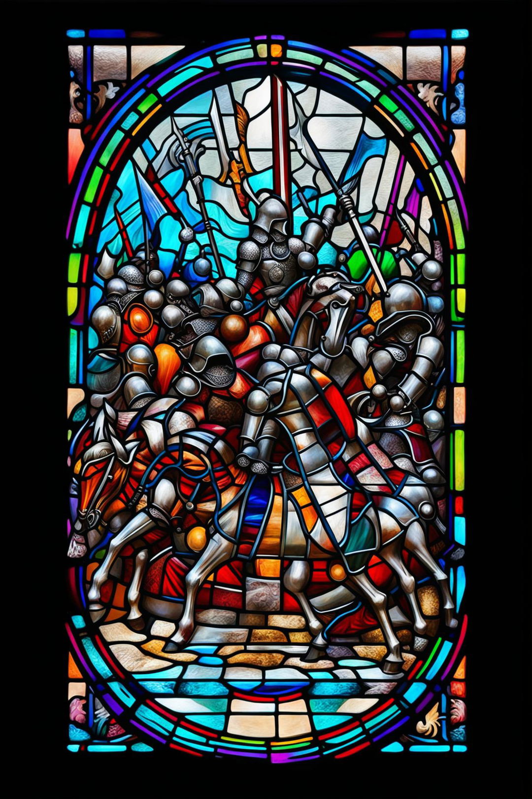 A high-quality digital art image of a medieval battle depicted in a stained glass window design, set in an art museum