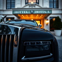 Close-up shot of a Rolls-Royce Phantom in a dramatic low-angle pose during a photoshoot outside a luxurious five-star hotel
